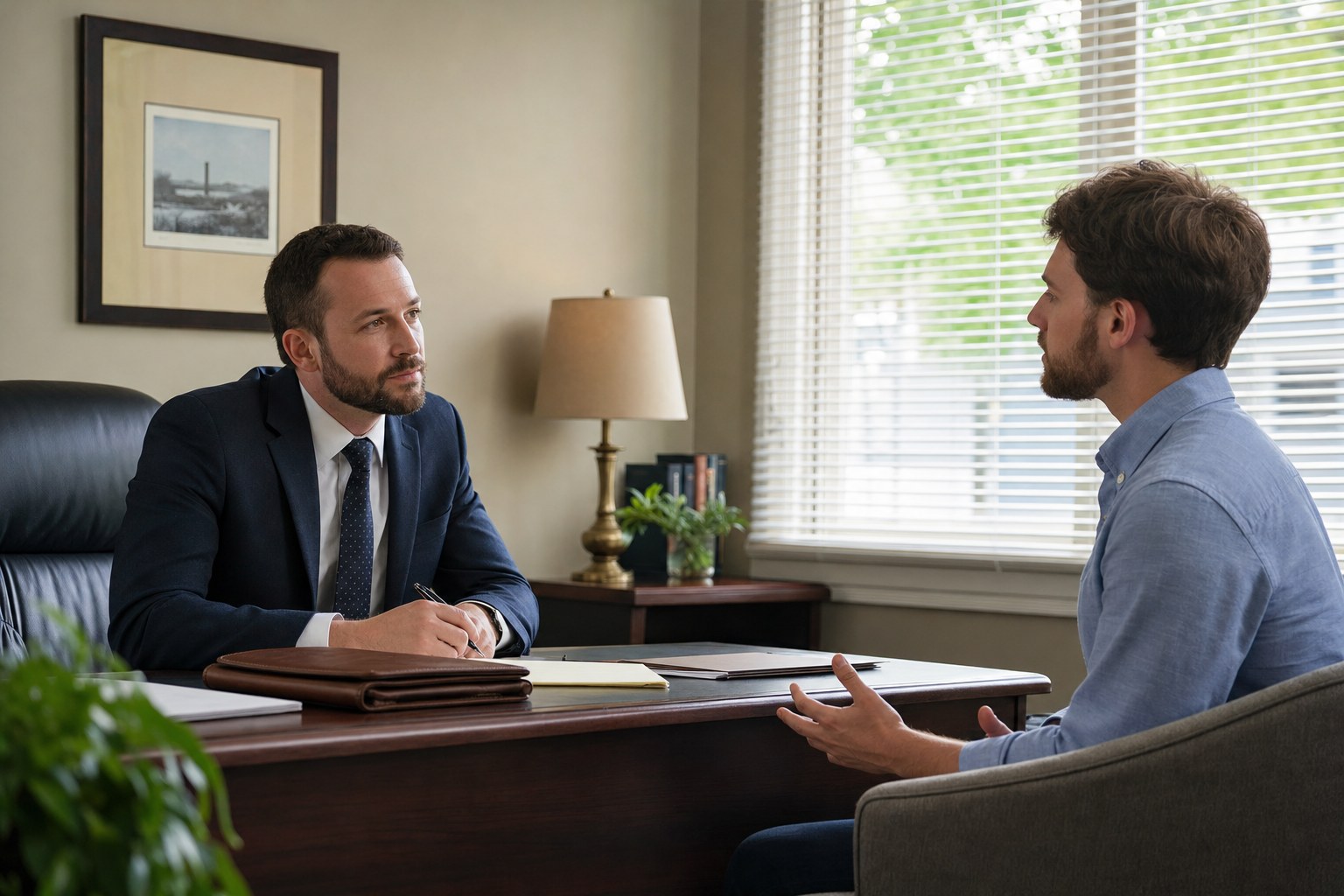 Lawyer and client talking across a desk in a daylight office