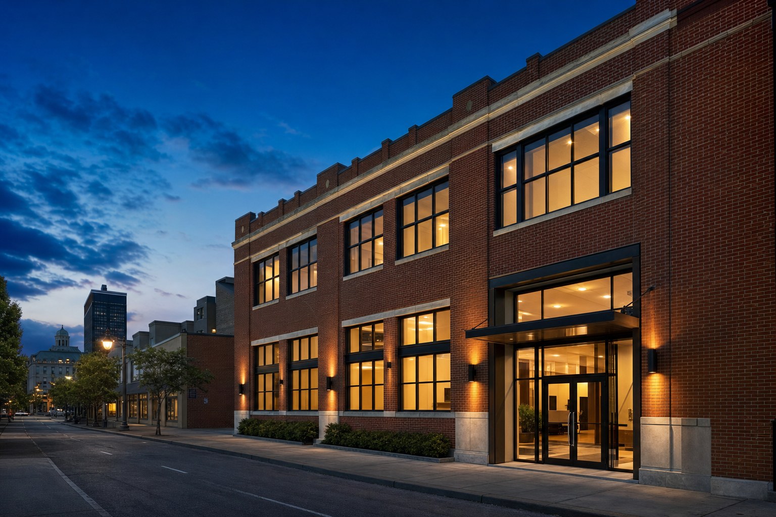 Red brick downtown office building with lit windows at dusk