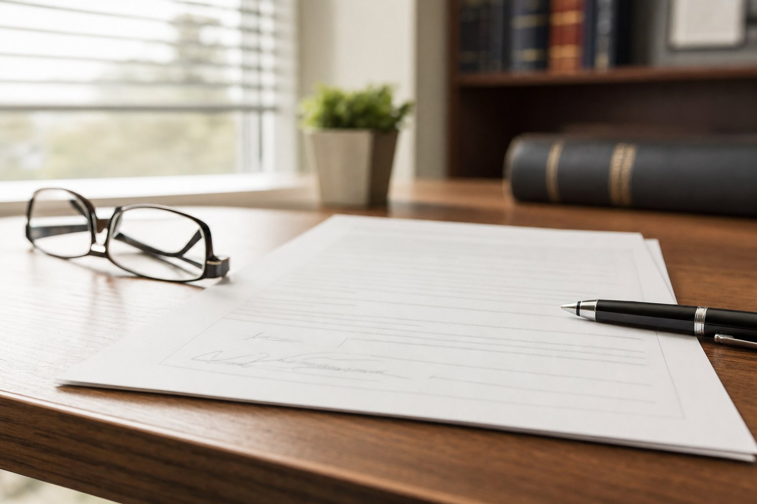 Signed fee agreement with pen and reading glasses on a wooden desk