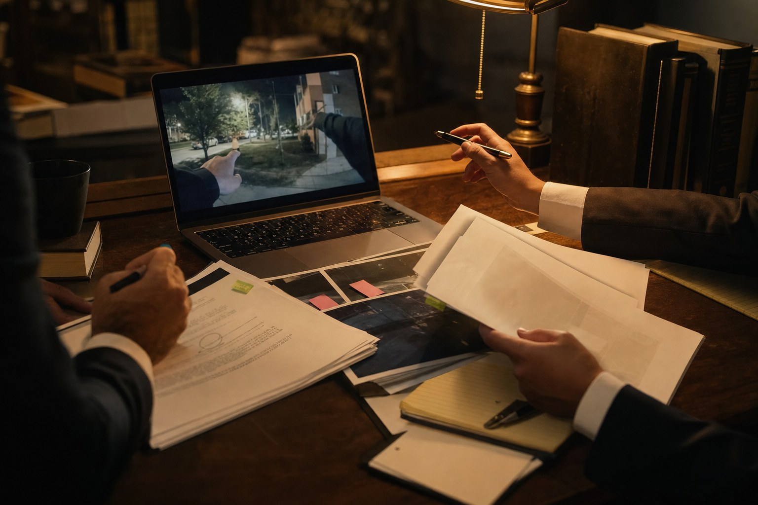 Attorney and investigator reviewing case materials at a desk