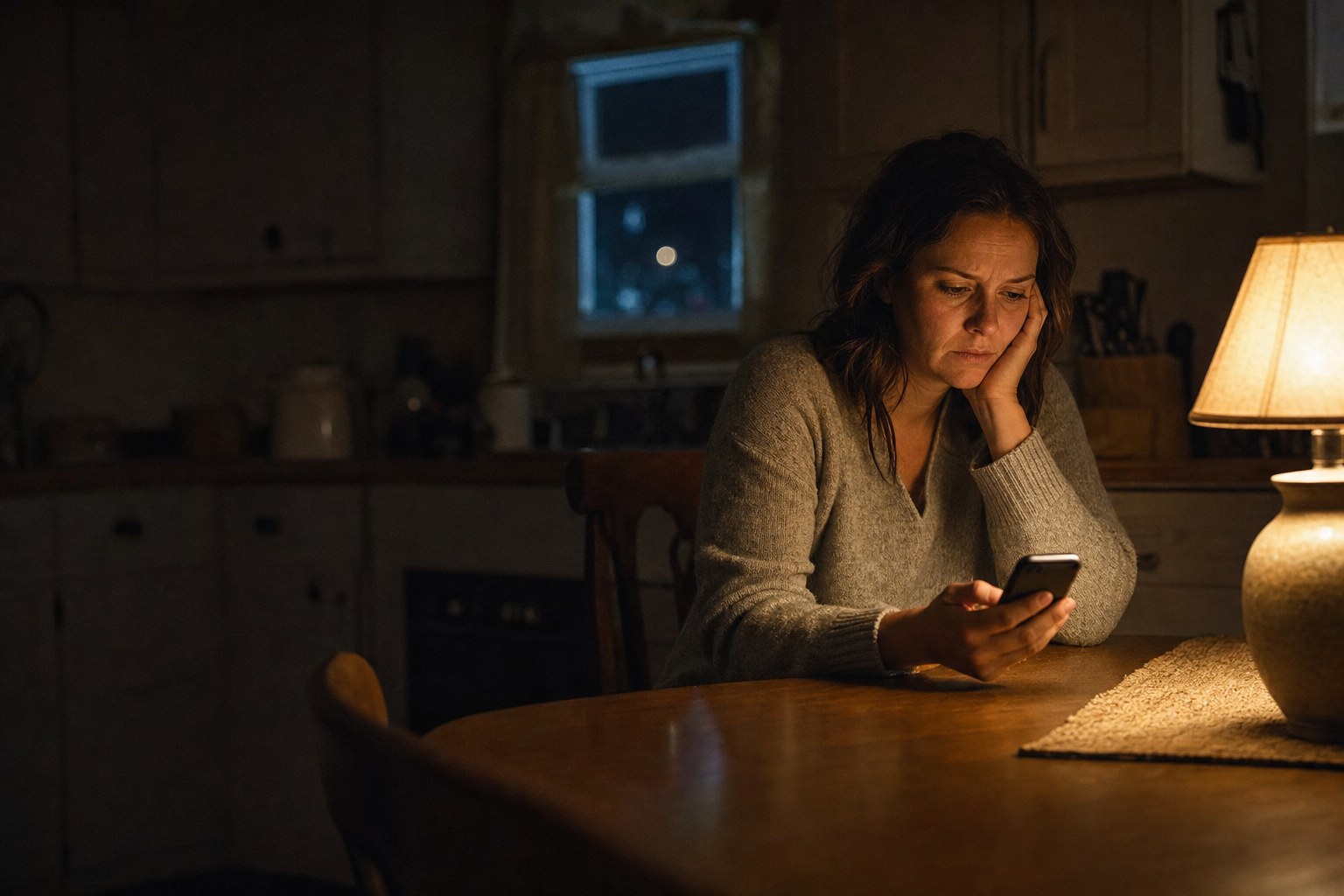 Worried parent holding a phone at a kitchen table late at night
