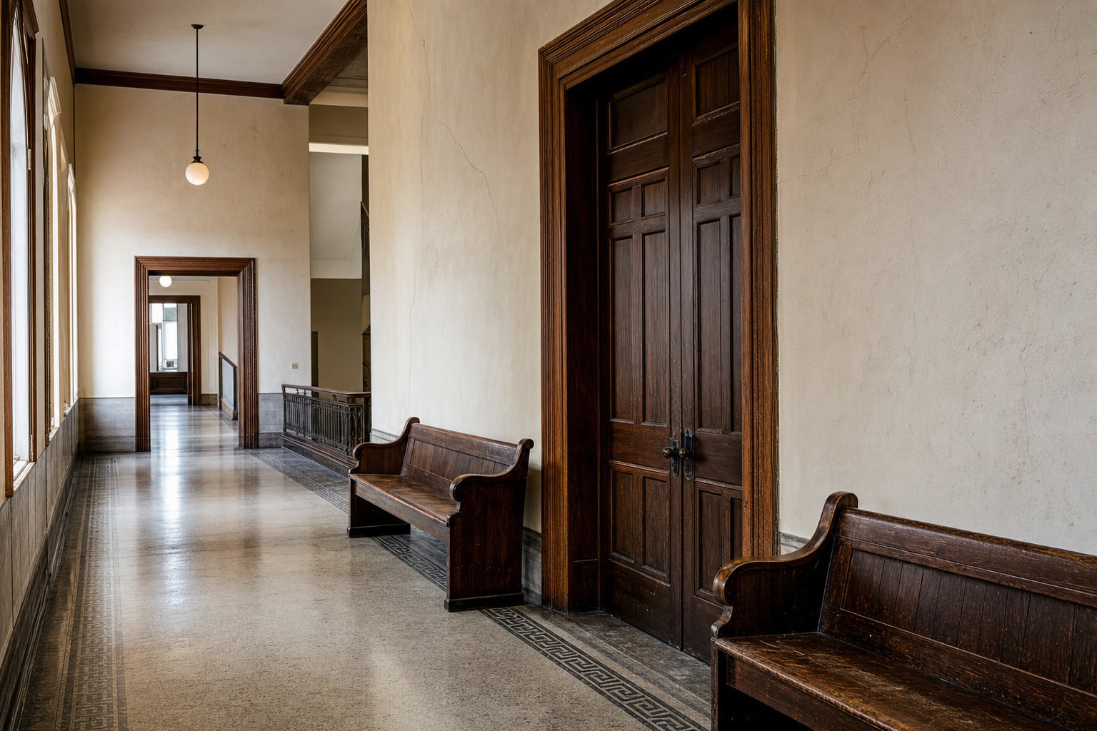 Quiet courthouse hallway with wooden benches outside a courtroom door