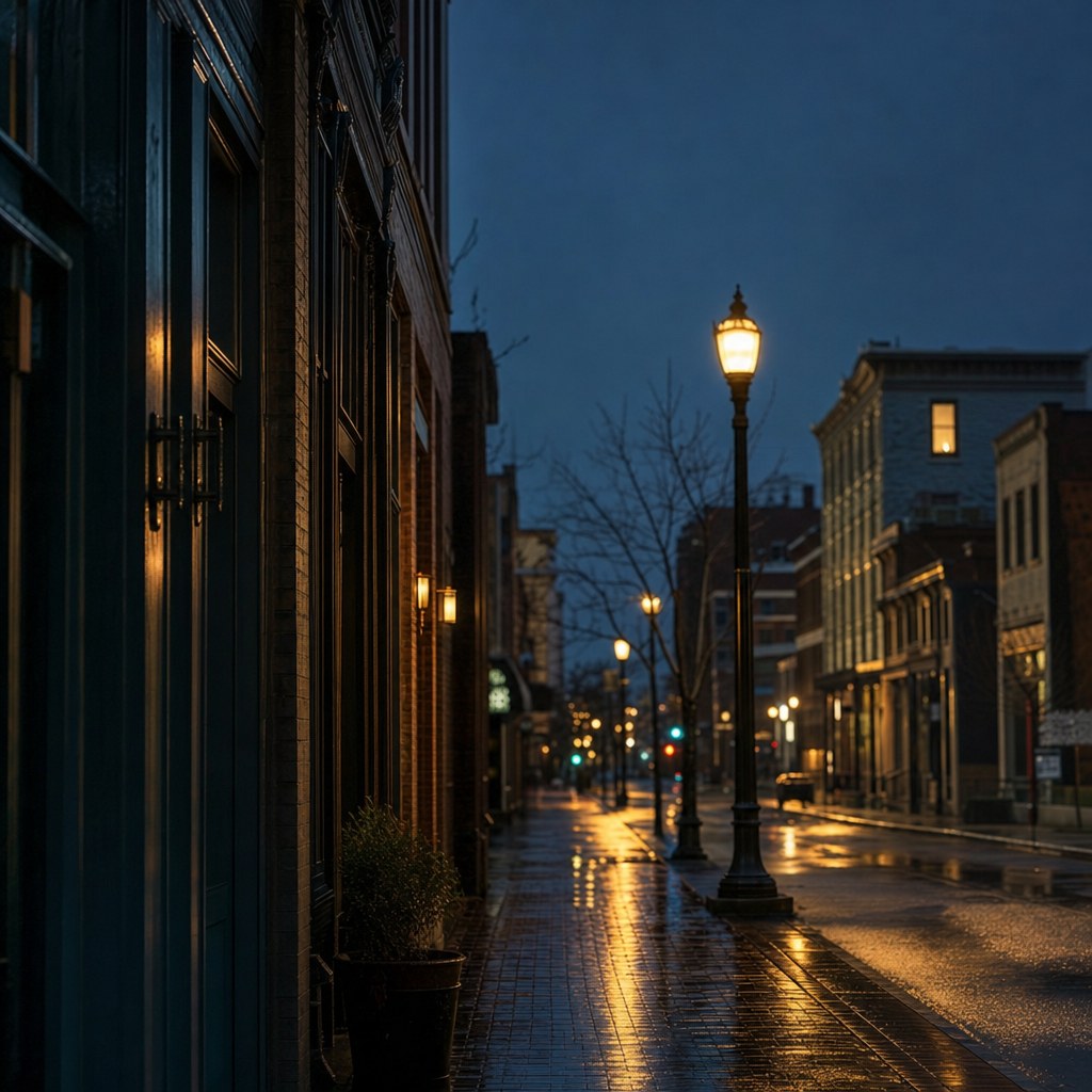 Rainy Bluegrass street at dusk