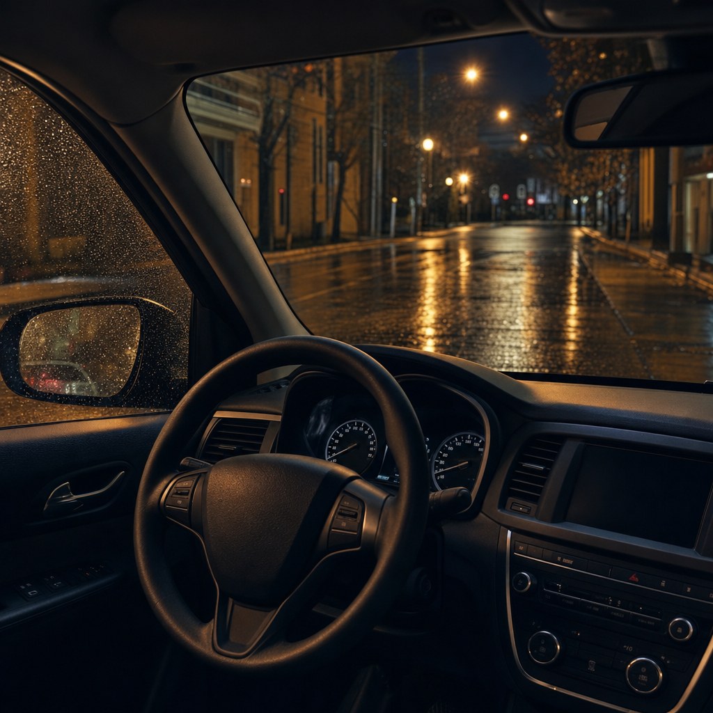 Rainy road seen from a parked car at night