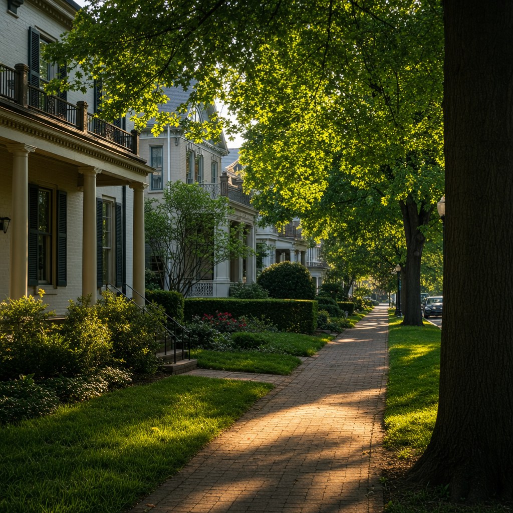 Tree-lined Lexington neighborhood sidewalk